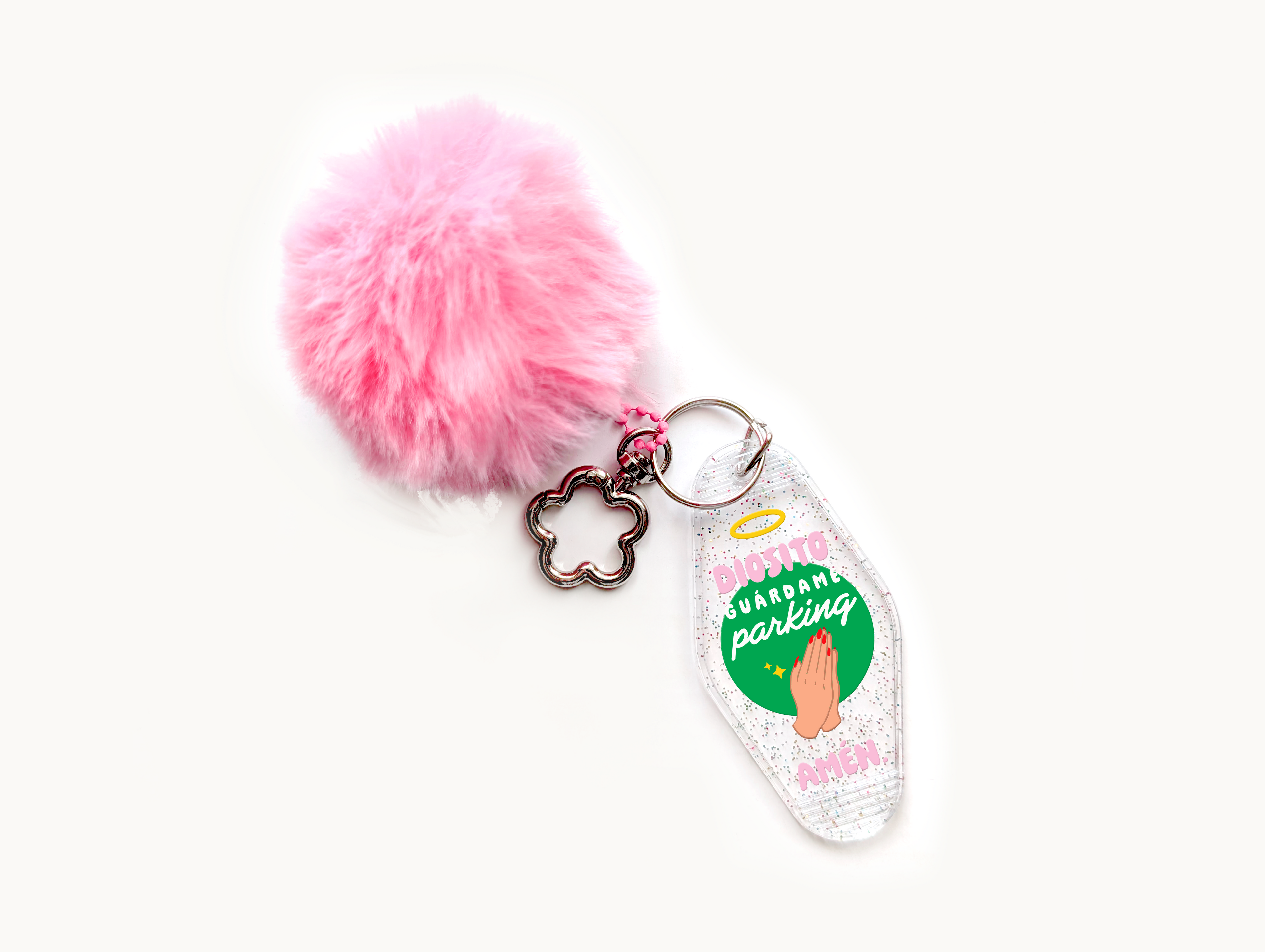 Llavero Acrílico con PomPom - Diosito Guárdame Parking